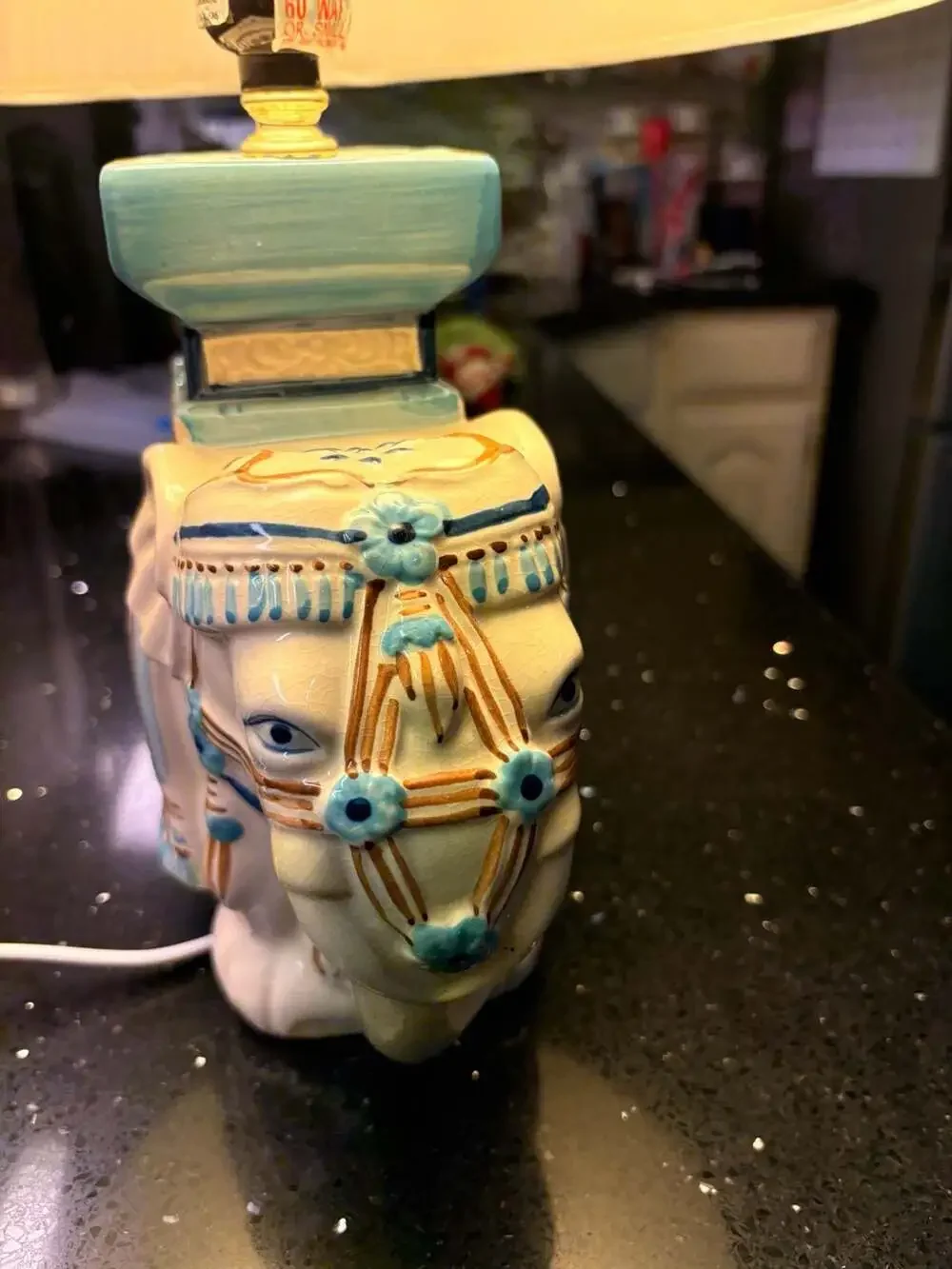 Vintage Ceramic Elephant Table Lamp Blue White Gold Accents With Shade